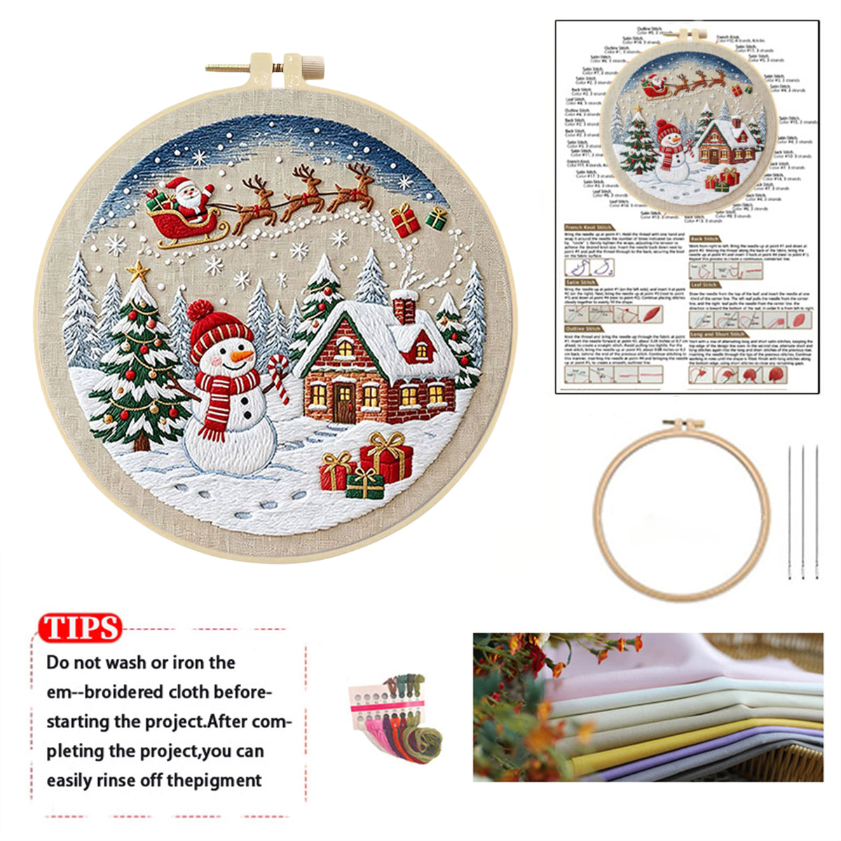 Christmas B - DIY Embroidery Cross Stitch Kit with Pattern Cotton Threads Needles Hoop 30×30CM/11.81×11.81in