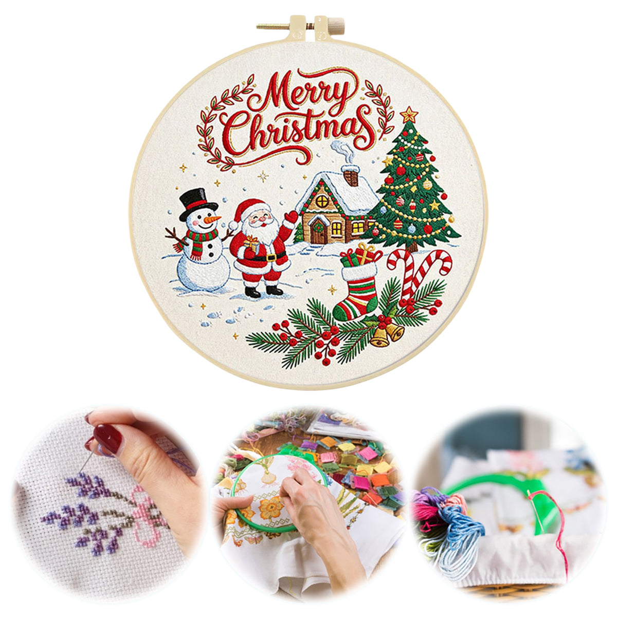 Christmas C - DIY Embroidery Cross Stitch Kit with Pattern Cotton Threads Needles Hoop 30×30CM/11.81×11.81in