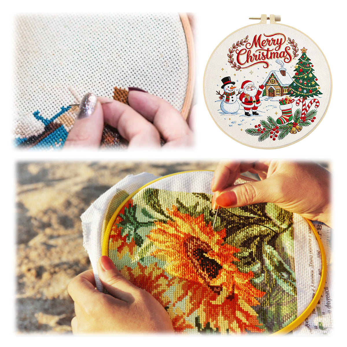 Christmas C - DIY Embroidery Cross Stitch Kit with Pattern Cotton Threads Needles Hoop 30×30CM/11.81×11.81in