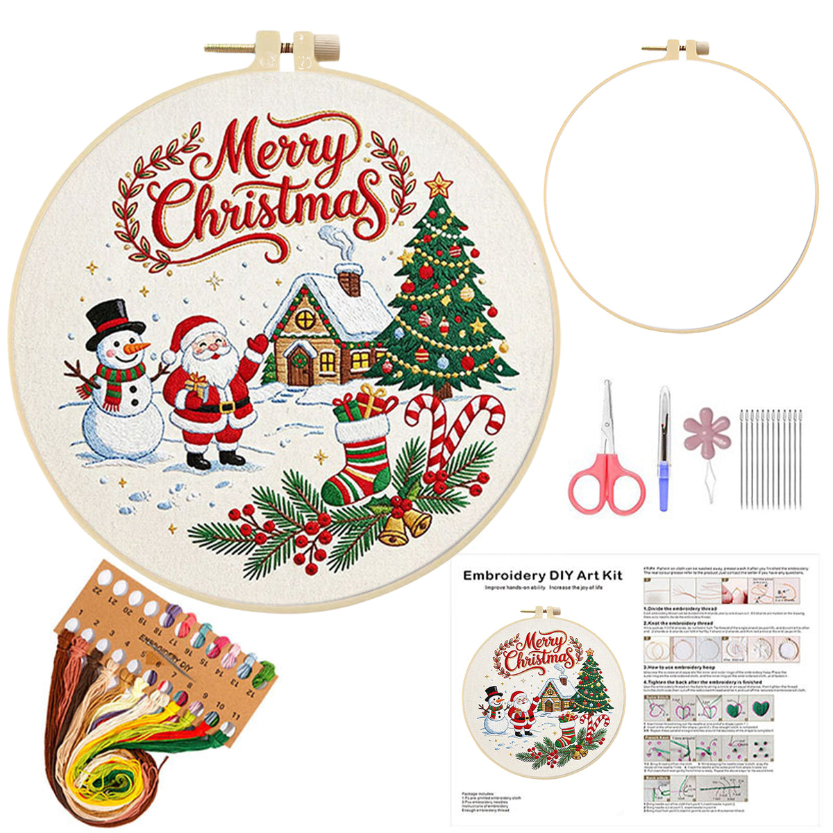 Christmas C - DIY Embroidery Cross Stitch Kit with Pattern Cotton Threads Needles Hoop 30×30CM/11.81×11.81in
