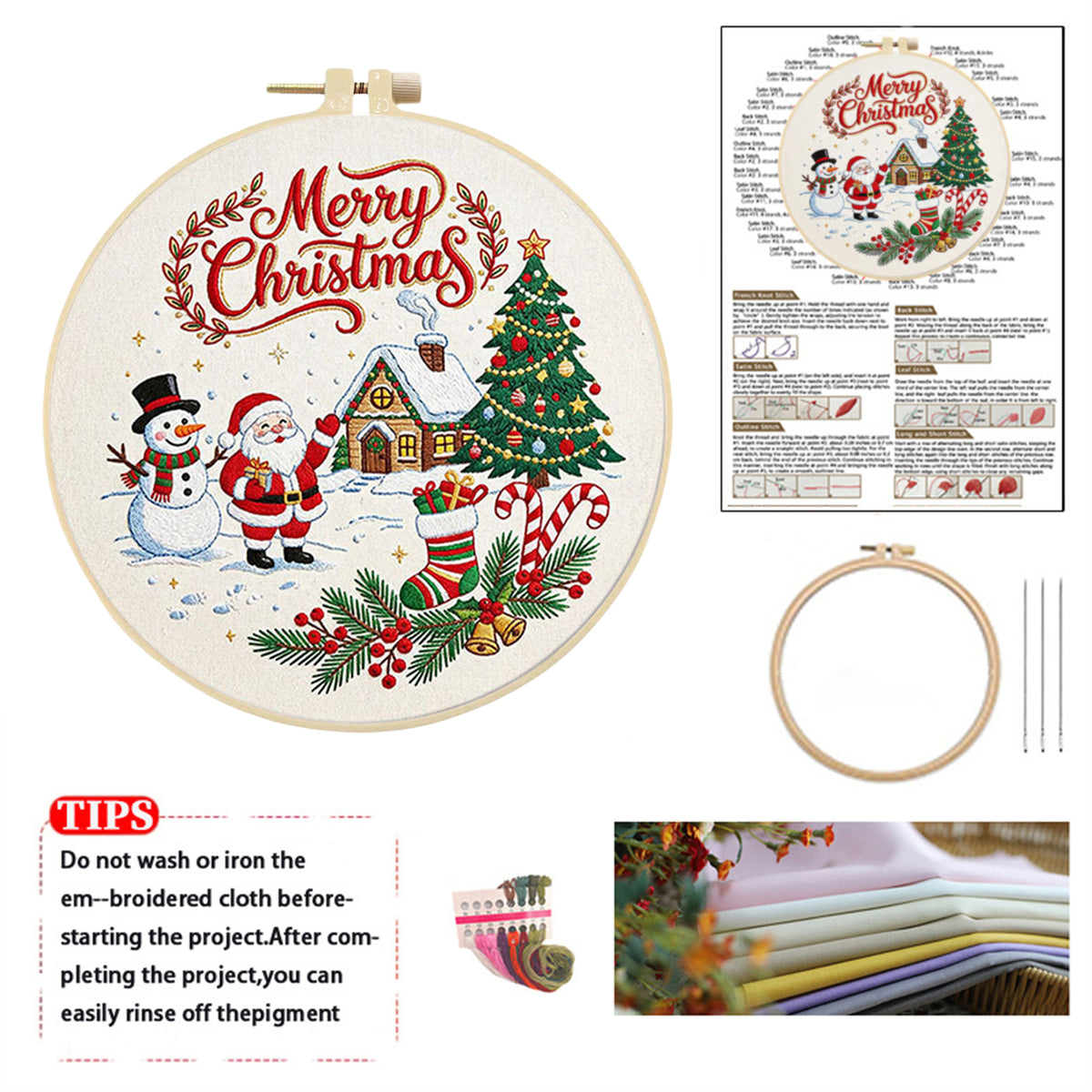 Christmas C - DIY Embroidery Cross Stitch Kit with Pattern Cotton Threads Needles Hoop 30×30CM/11.81×11.81in