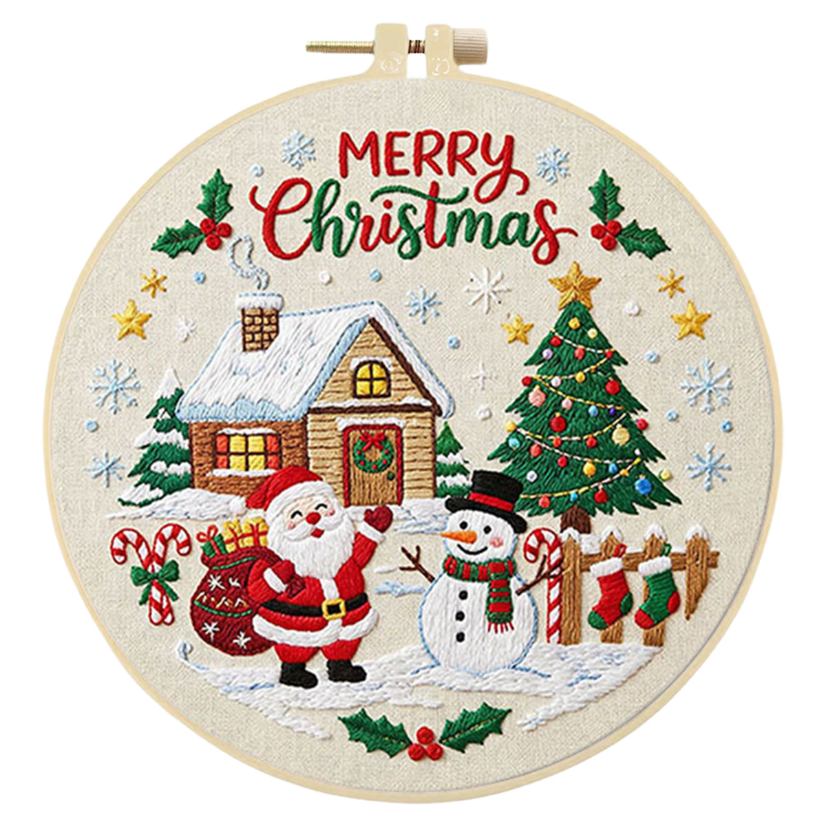 Christmas D - DIY Embroidery Cross Stitch Kit with Pattern Cotton Threads Needles Hoop 30×30CM/11.81×11.81in