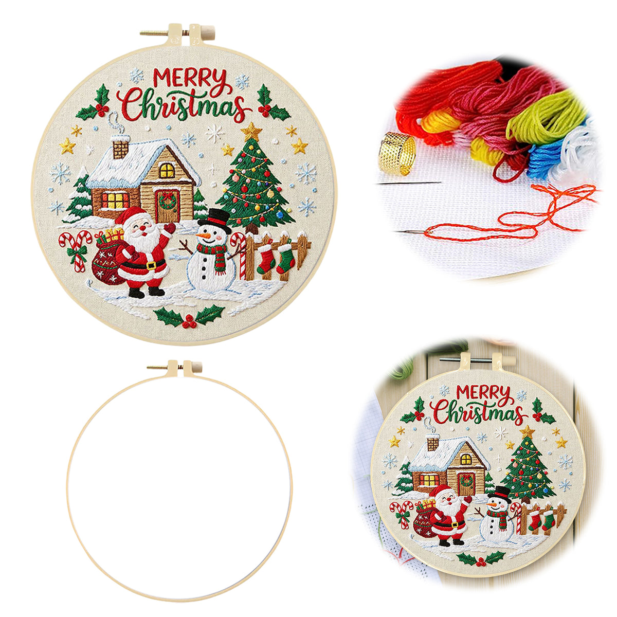Christmas D - DIY Embroidery Cross Stitch Kit with Pattern Cotton Threads Needles Hoop 30×30CM/11.81×11.81in