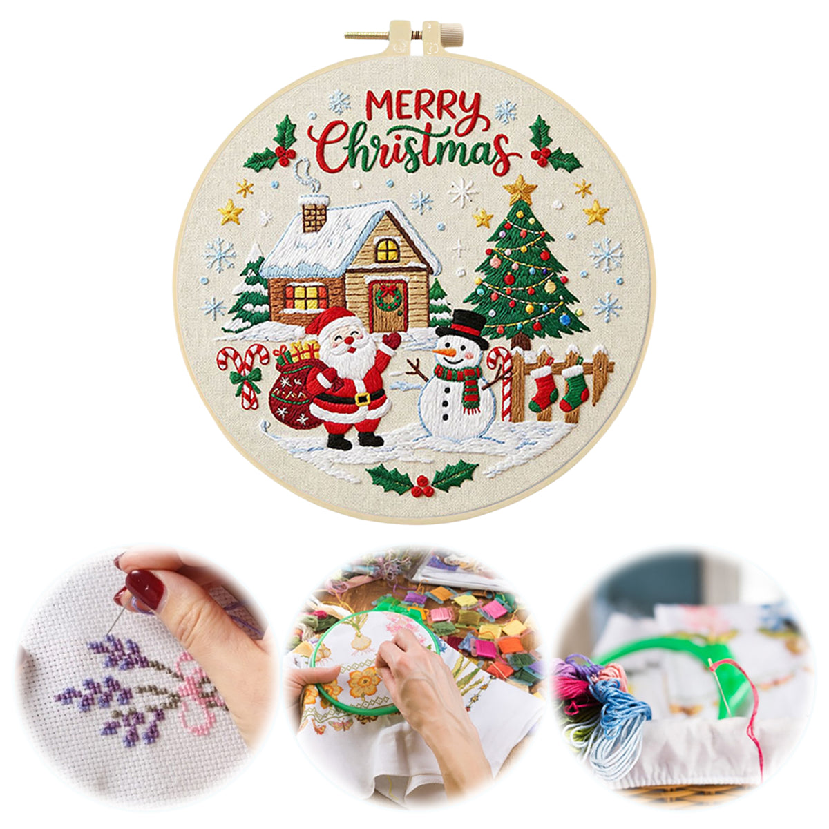 Christmas D - DIY Embroidery Cross Stitch Kit with Pattern Cotton Threads Needles Hoop 30×30CM/11.81×11.81in