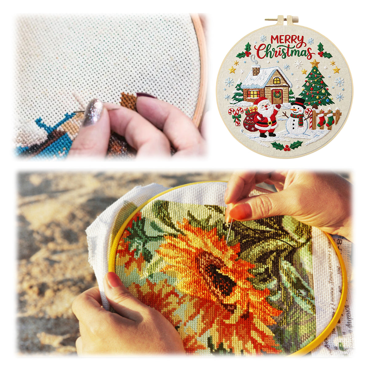 Christmas D - DIY Embroidery Cross Stitch Kit with Pattern Cotton Threads Needles Hoop 30×30CM/11.81×11.81in