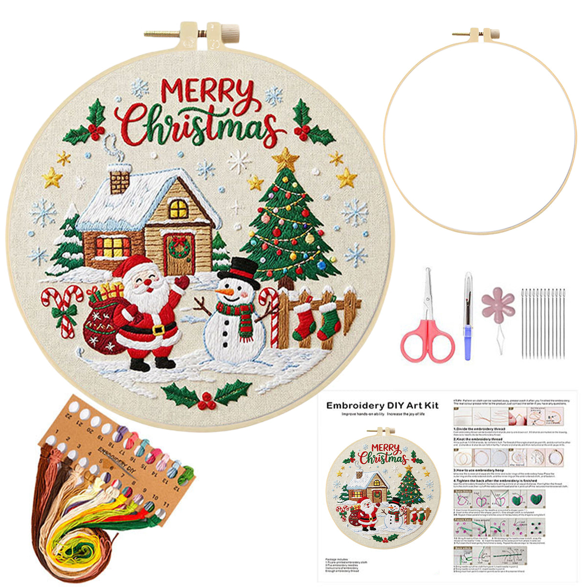 Christmas D - DIY Embroidery Cross Stitch Kit with Pattern Cotton Threads Needles Hoop 30×30CM/11.81×11.81in