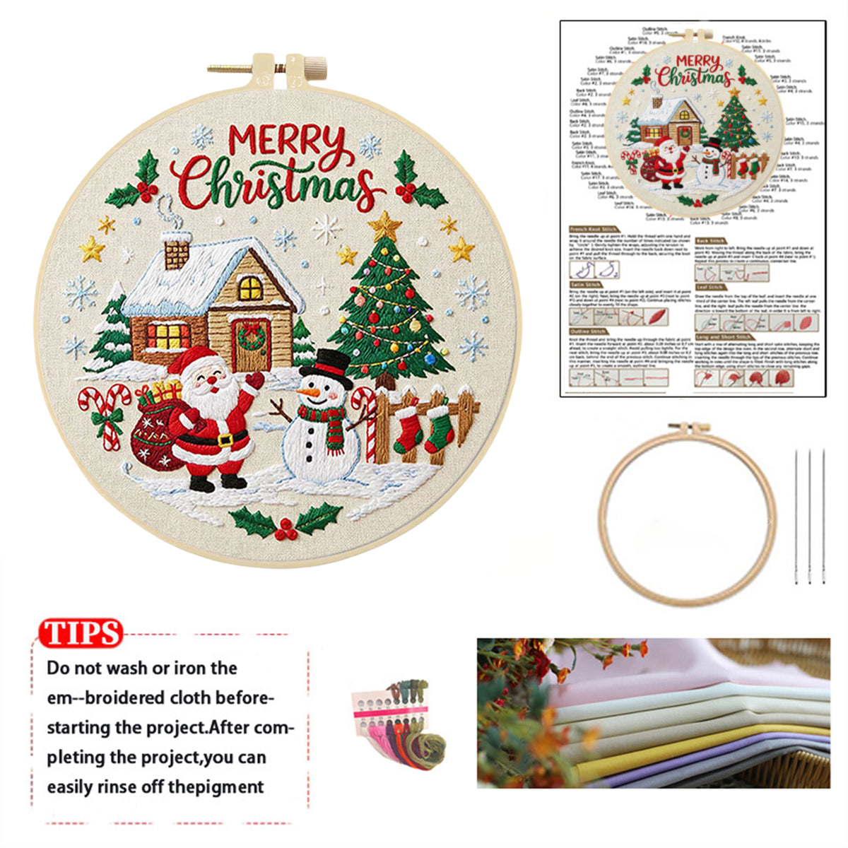 Christmas D - DIY Embroidery Cross Stitch Kit with Pattern Cotton Threads Needles Hoop 30×30CM/11.81×11.81in
