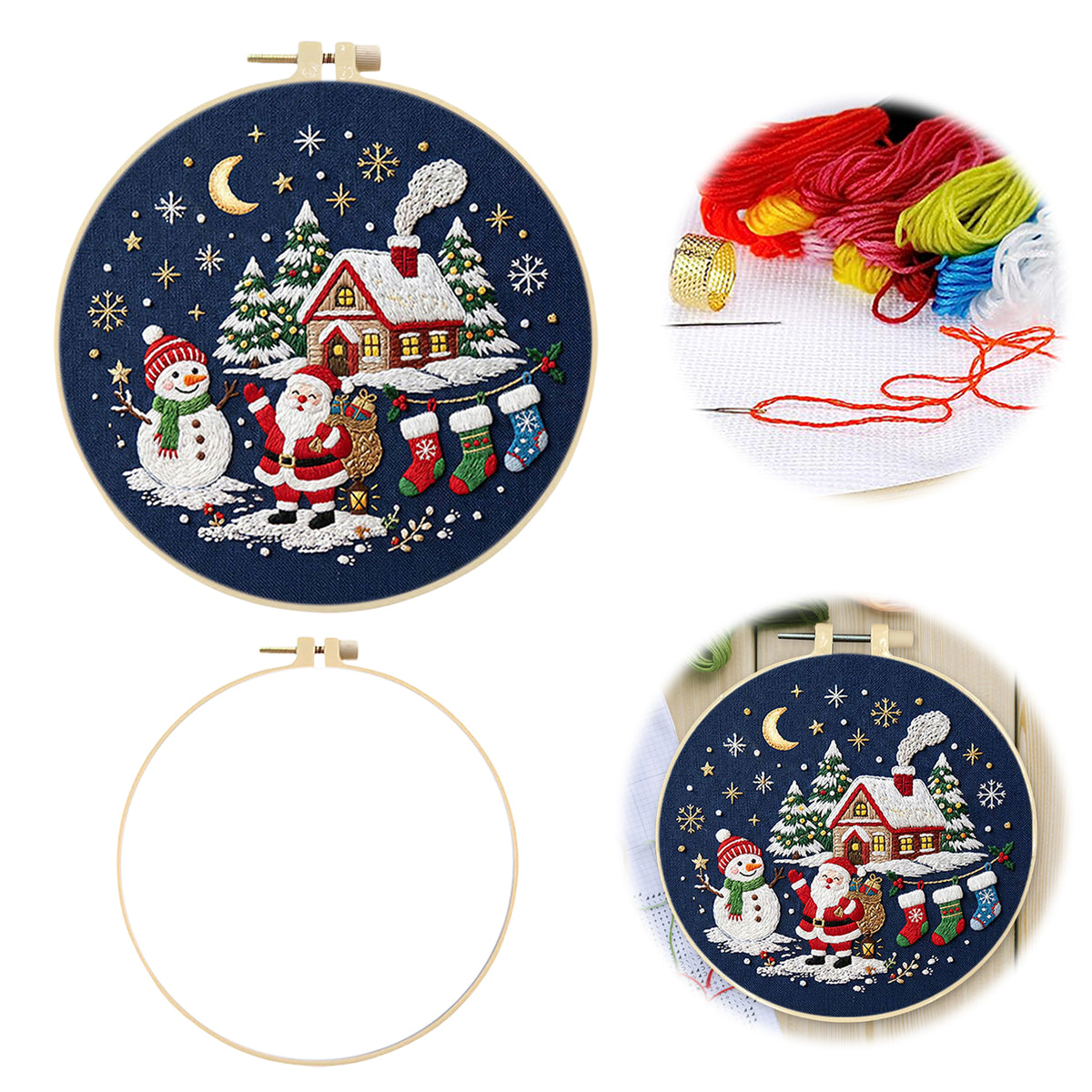 Christmas E - DIY Embroidery Cross Stitch Kit with Pattern Cotton Threads Needles Hoop 30×30CM/11.81×11.81in
