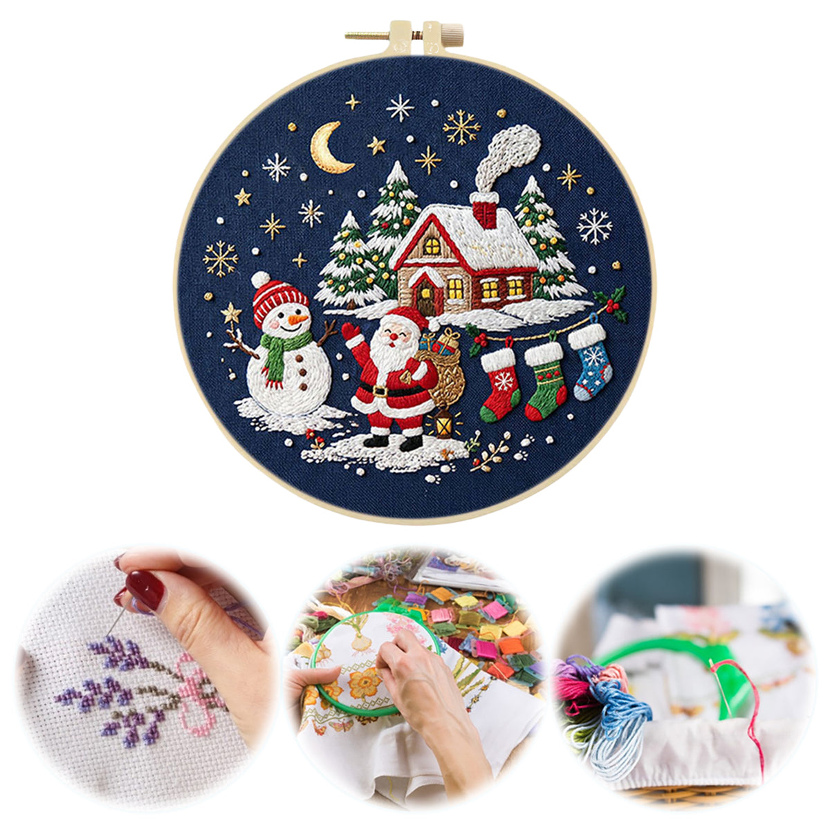 Christmas E - DIY Embroidery Cross Stitch Kit with Pattern Cotton Threads Needles Hoop 30×30CM/11.81×11.81in