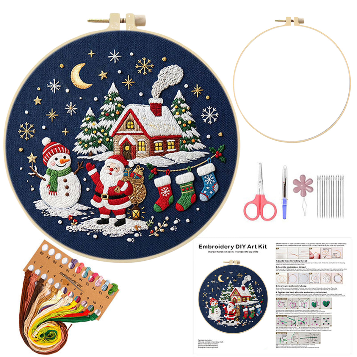 Christmas E - DIY Embroidery Cross Stitch Kit with Pattern Cotton Threads Needles Hoop 30×30CM/11.81×11.81in