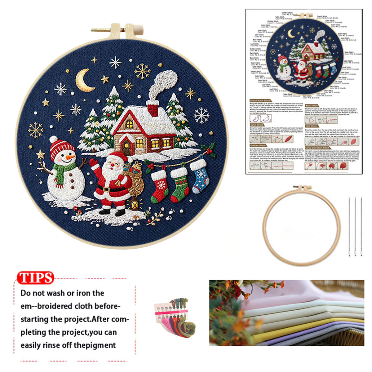 Christmas E - DIY Embroidery Cross Stitch Kit with Pattern Cotton Threads Needles Hoop 30×30CM/11.81×11.81in