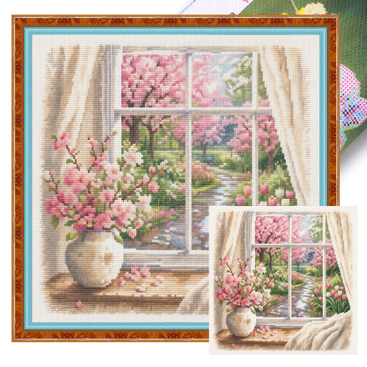 Frühlingsfenster – Vollständiges 11CT gestempeltes Kreuzstich-Set 45x45CM – Huacan