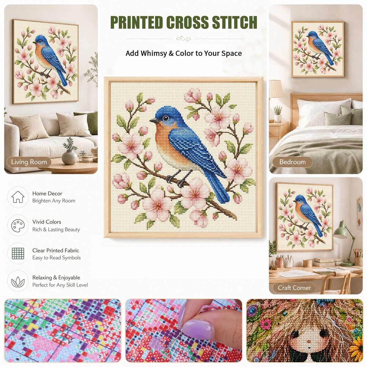 Spring Bluebird-Bird - Full 11CT Stamped Cross Stitch 40x40CM - Huacan