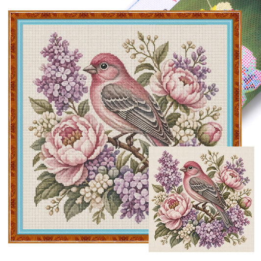 Floral Finch - Full 11CT Stamped Cross Stitch 40x40CM - Huacan