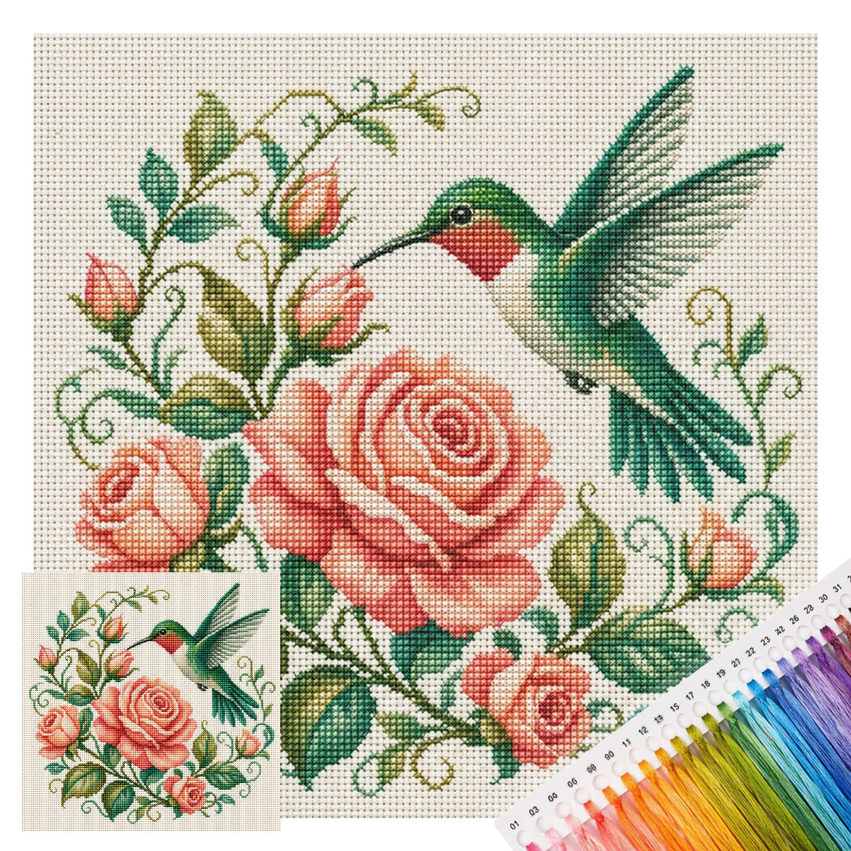 Rose Hummingbird - Full 11CT Stamped Cross Stitch 40x40CM - Huacan