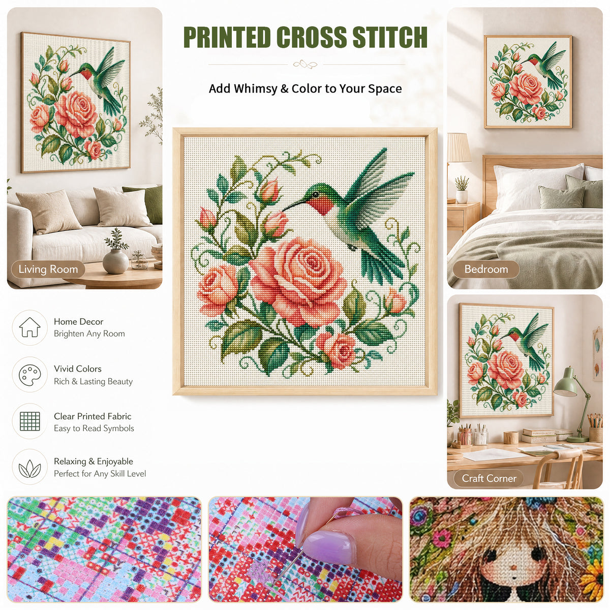 Rose Hummingbird - Full 11CT Stamped Cross Stitch 40x40CM - Huacan