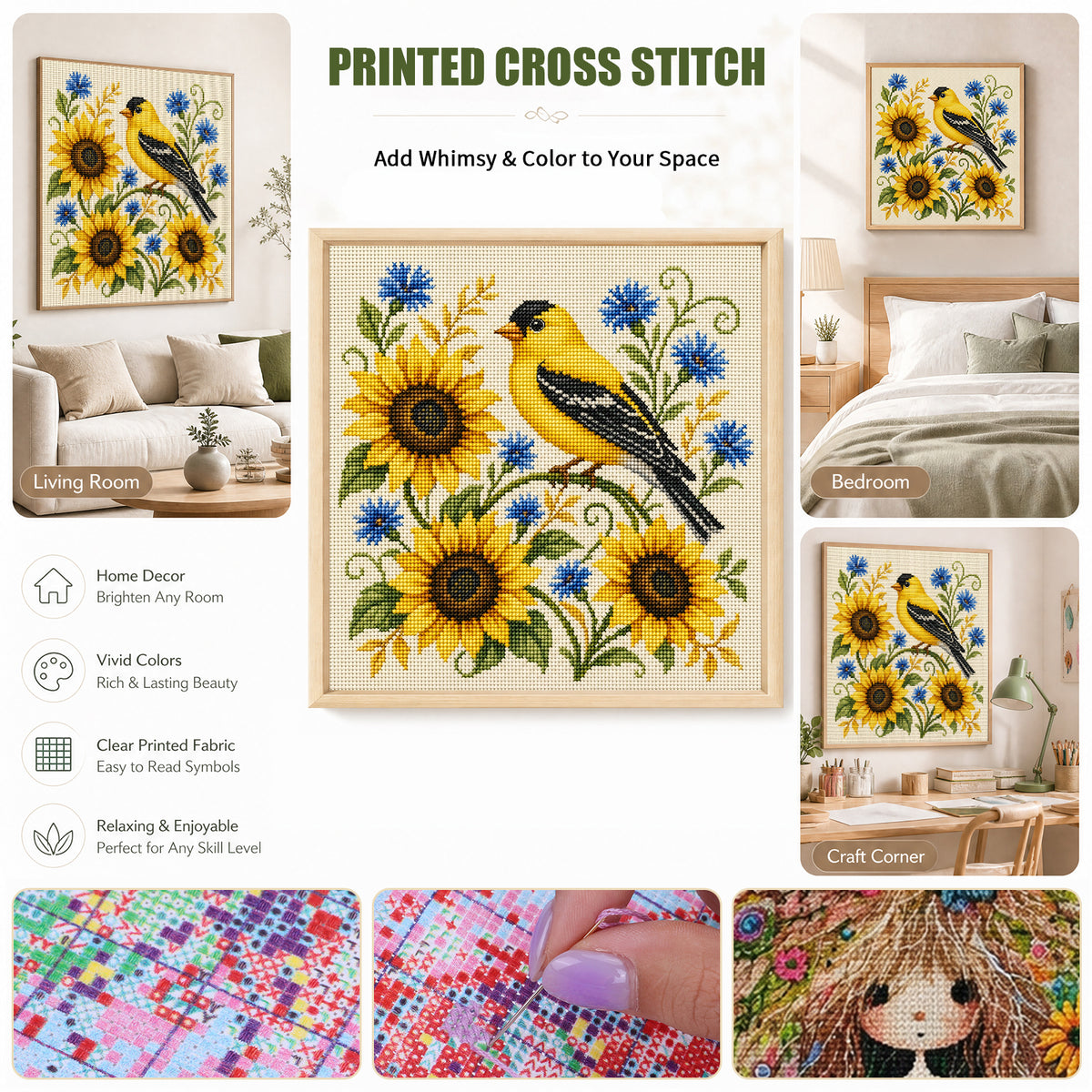 Sunny Goldfinch - Full 11CT Stamped Cross Stitch 40x40CM - Huacan