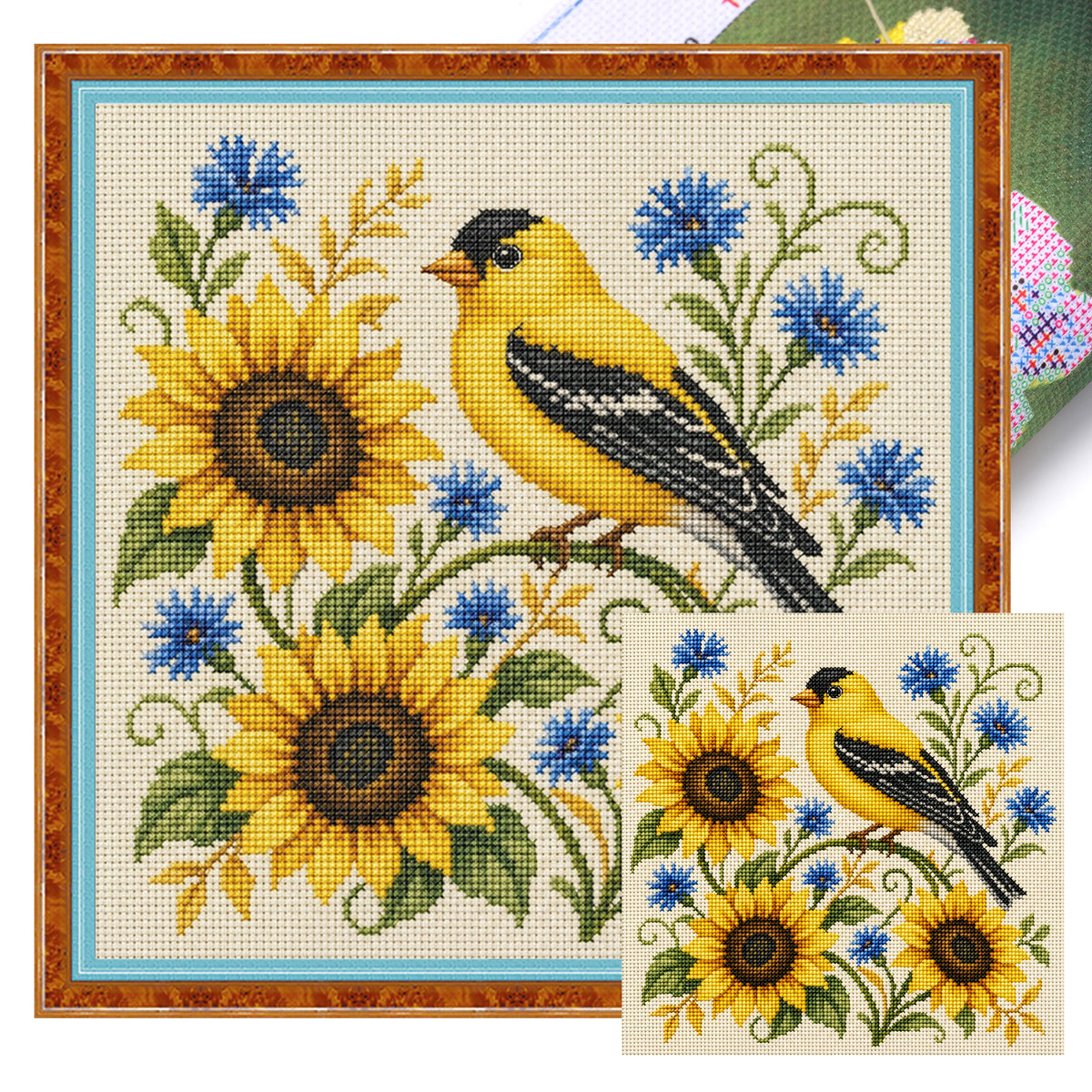 Sunny Goldfinch - Full 11CT Stamped Cross Stitch 40x40CM - Huacan