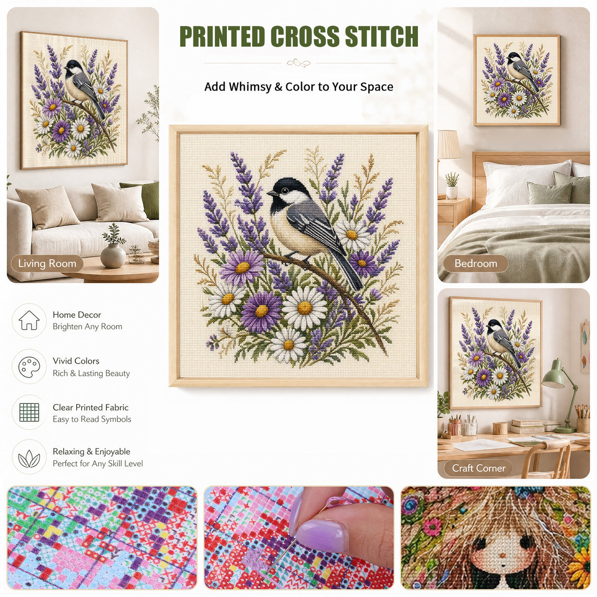 Aster Chickadee - Full 11CT Stamped Cross Stitch 40x40CM - Huacan