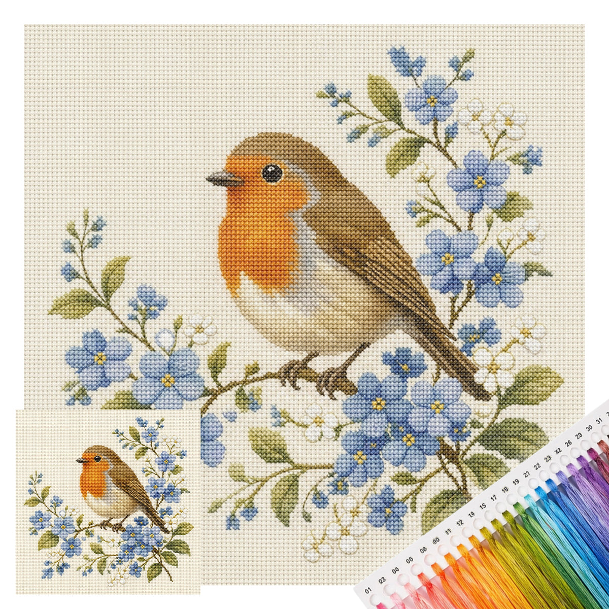 Robin Blooms-Bird - Full 11CT Stamped Cross Stitch 40x40CM - Huacan