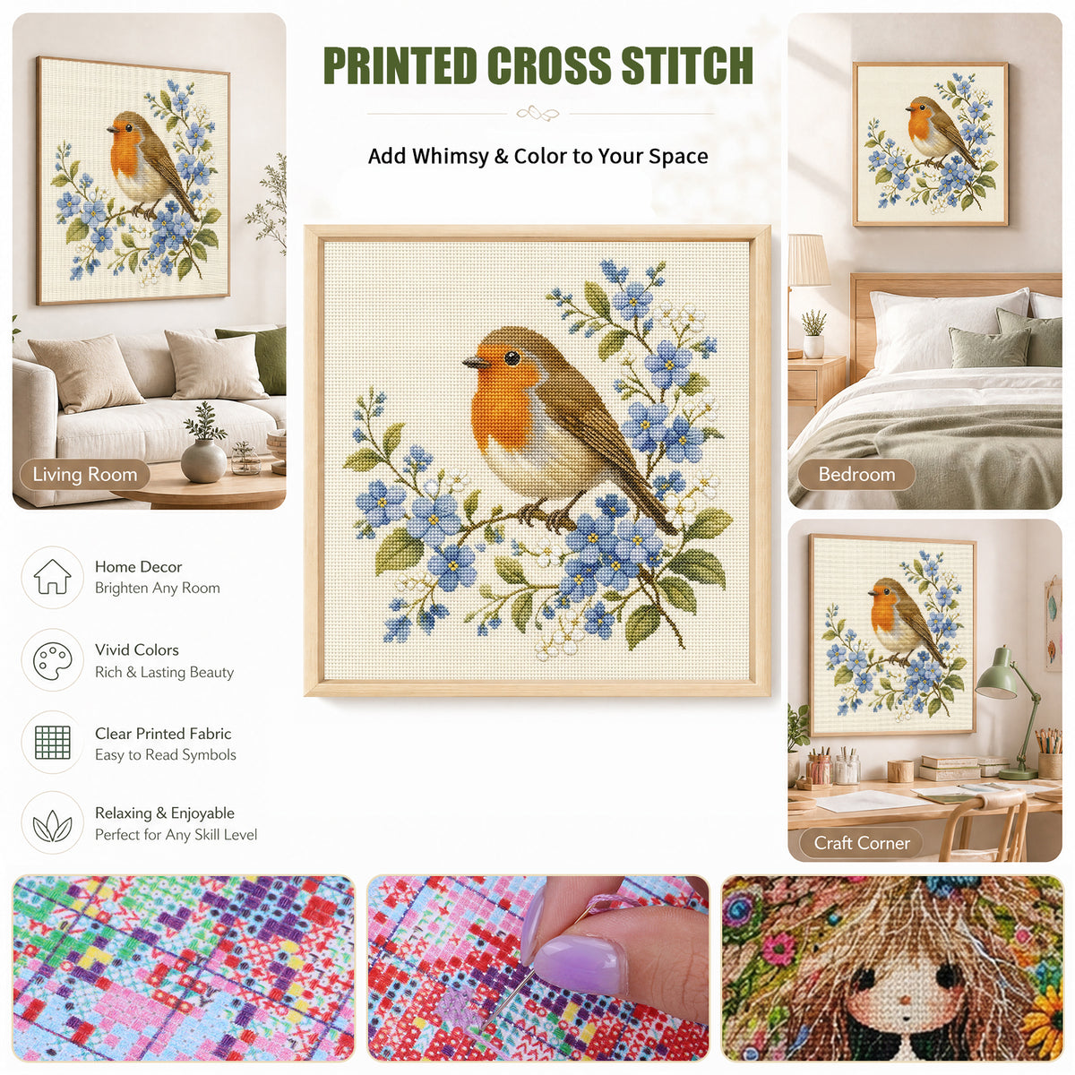 Robin Blooms-Bird - Full 11CT Stamped Cross Stitch 40x40CM - Huacan