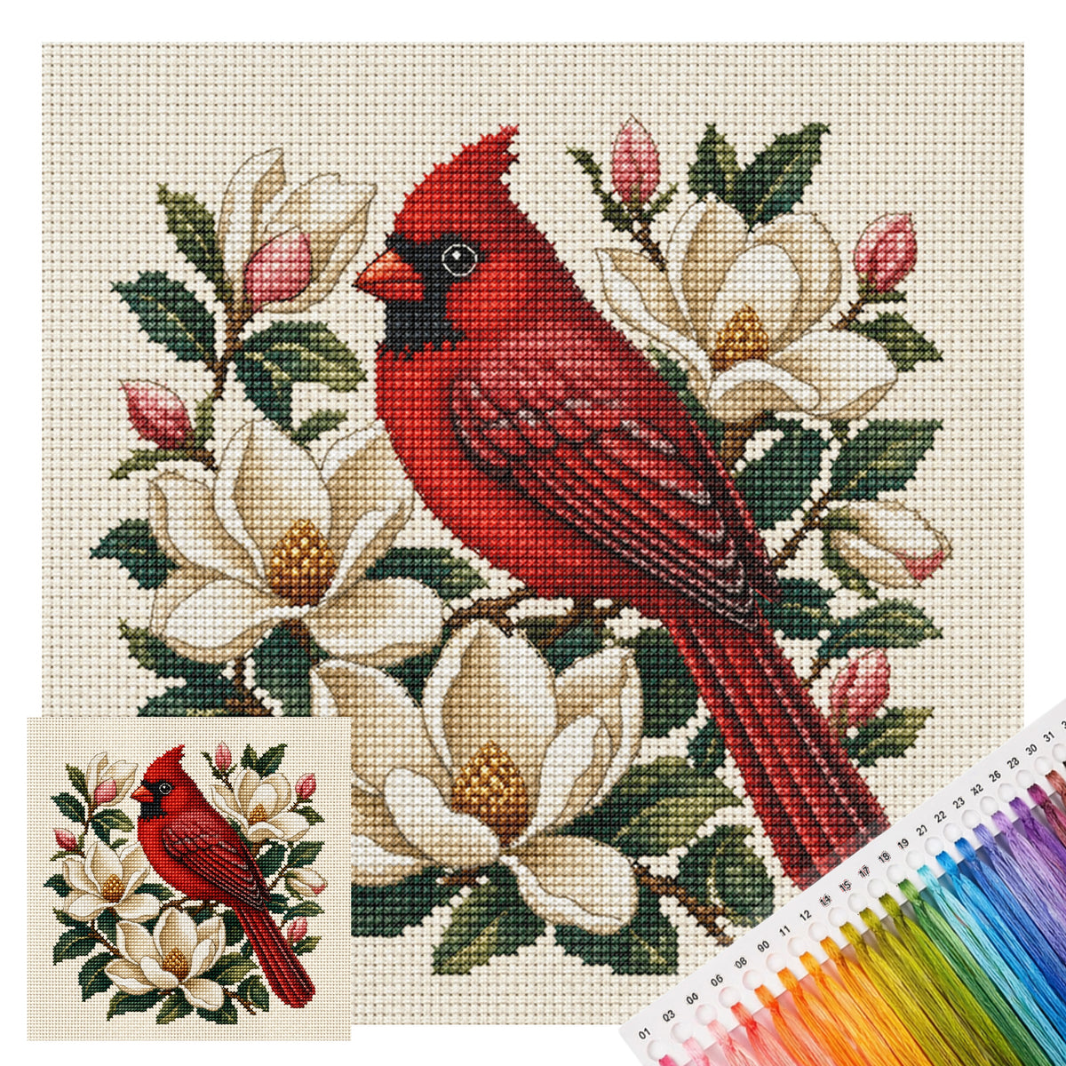 Magnolia Cardinal-Bird - Full 11CT Stamped Cross Stitch 40x40CM - Huacan