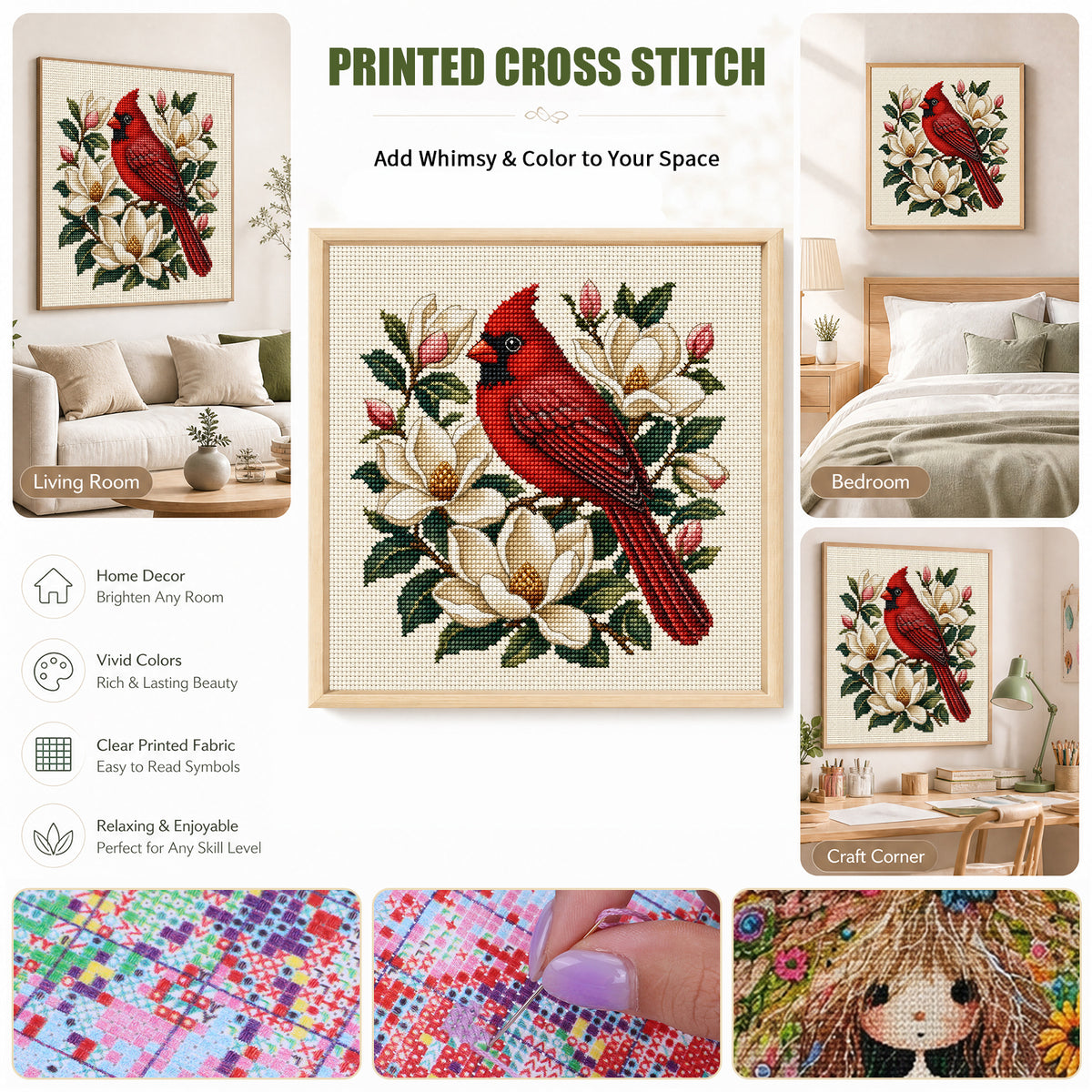 Magnolia Cardinal-Bird - Full 11CT Stamped Cross Stitch 40x40CM - Huacan
