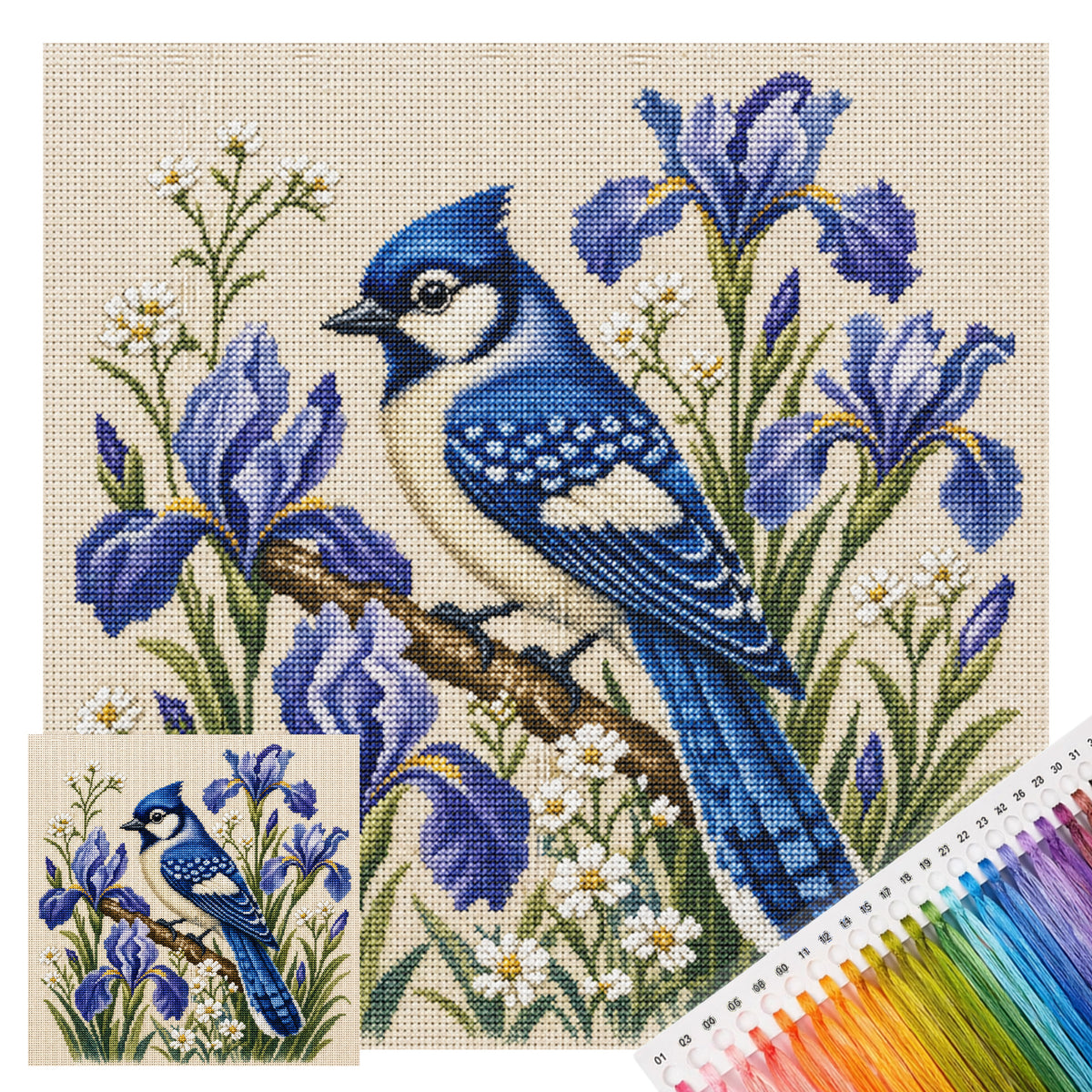 Iris Bluejay - Full 11CT Stamped Cross Stitch 40x40CM - Huacan