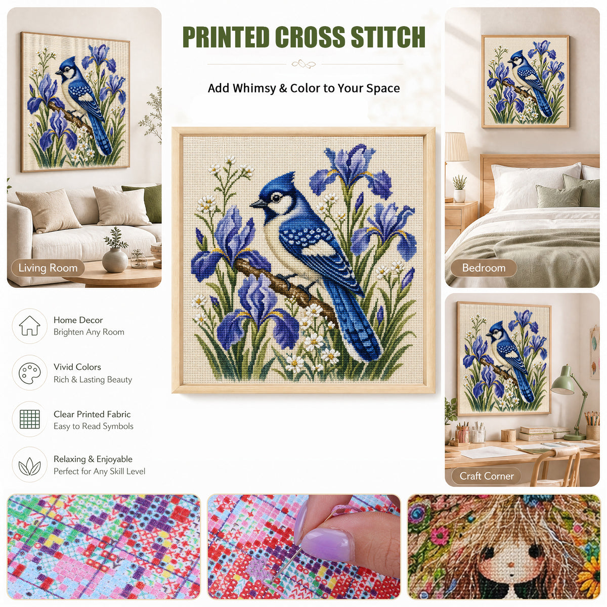 Iris Bluejay - Full 11CT Stamped Cross Stitch 40x40CM - Huacan