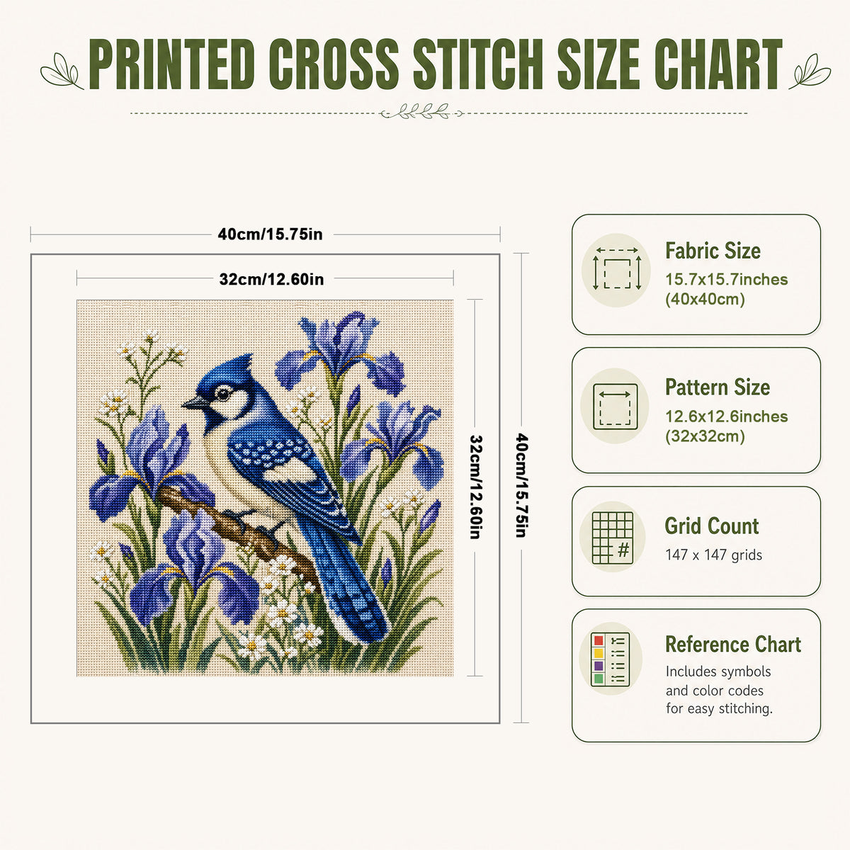 Iris Bluejay - Full 11CT Stamped Cross Stitch 40x40CM - Huacan