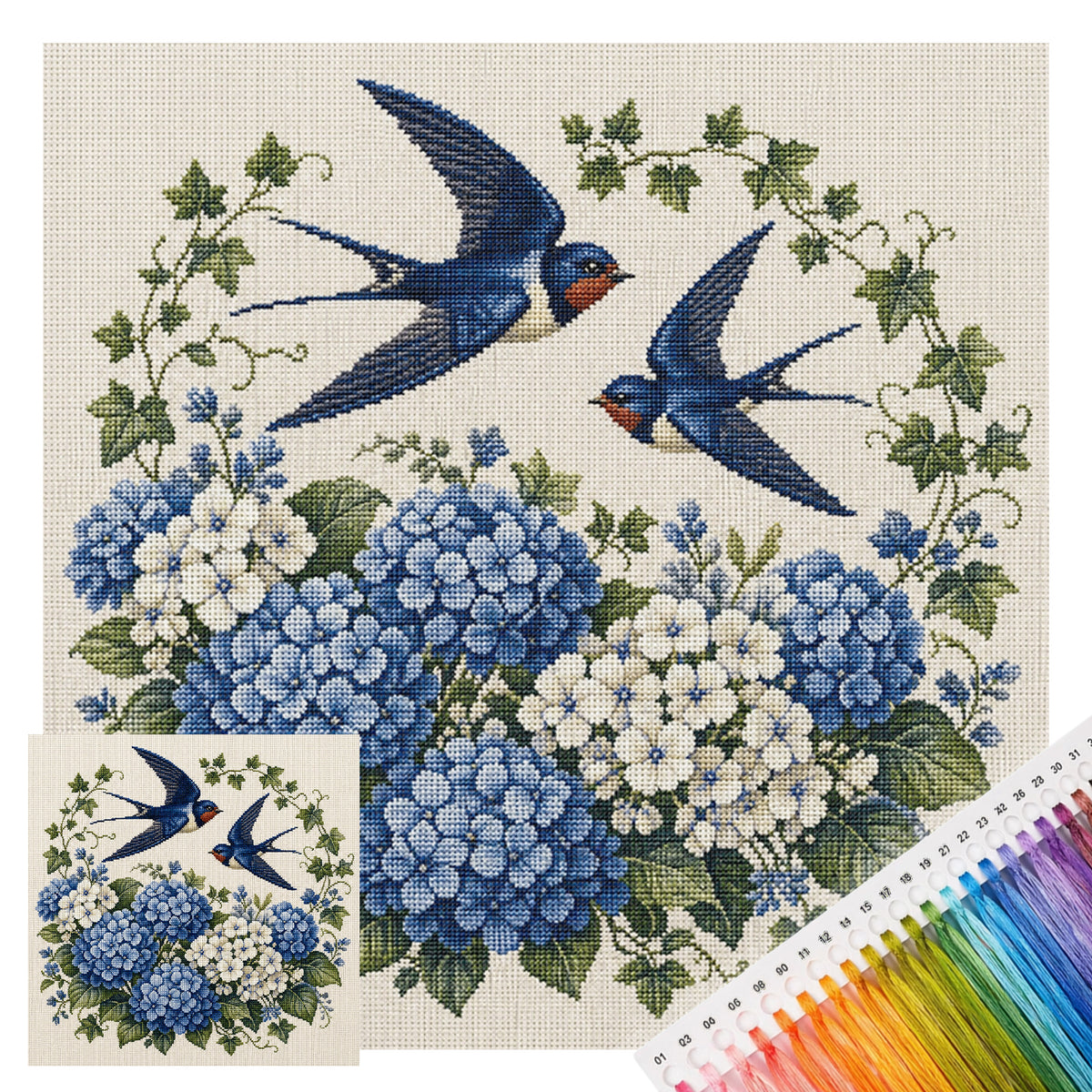 Hydrangea Swallow - Full 11CT Stamped Cross Stitch 40x40CM - Huacan