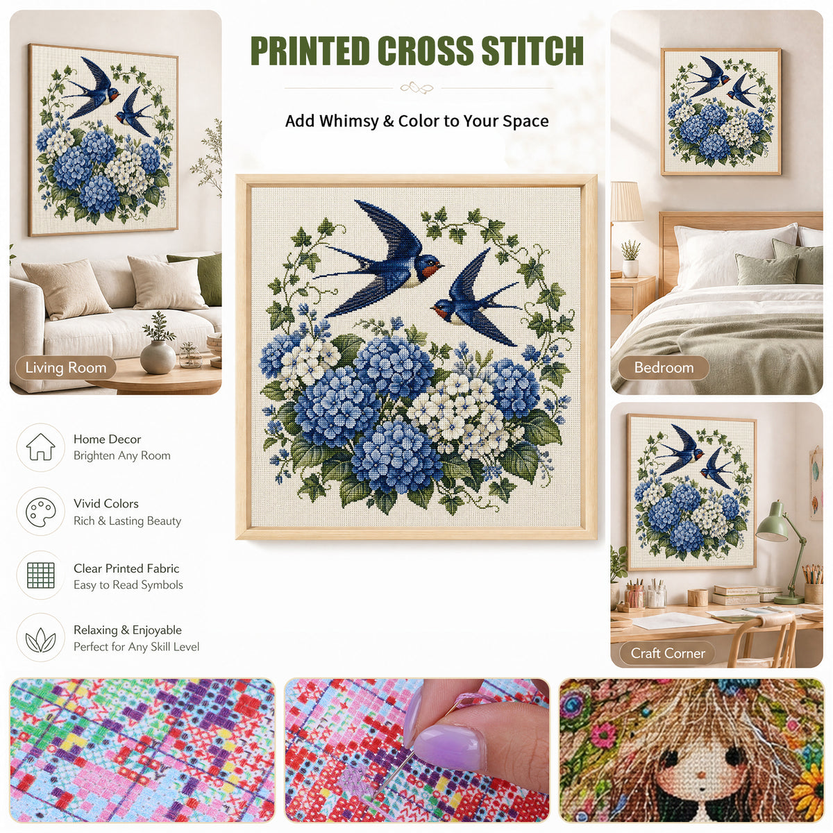Hydrangea Swallow - Full 11CT Stamped Cross Stitch 40x40CM - Huacan