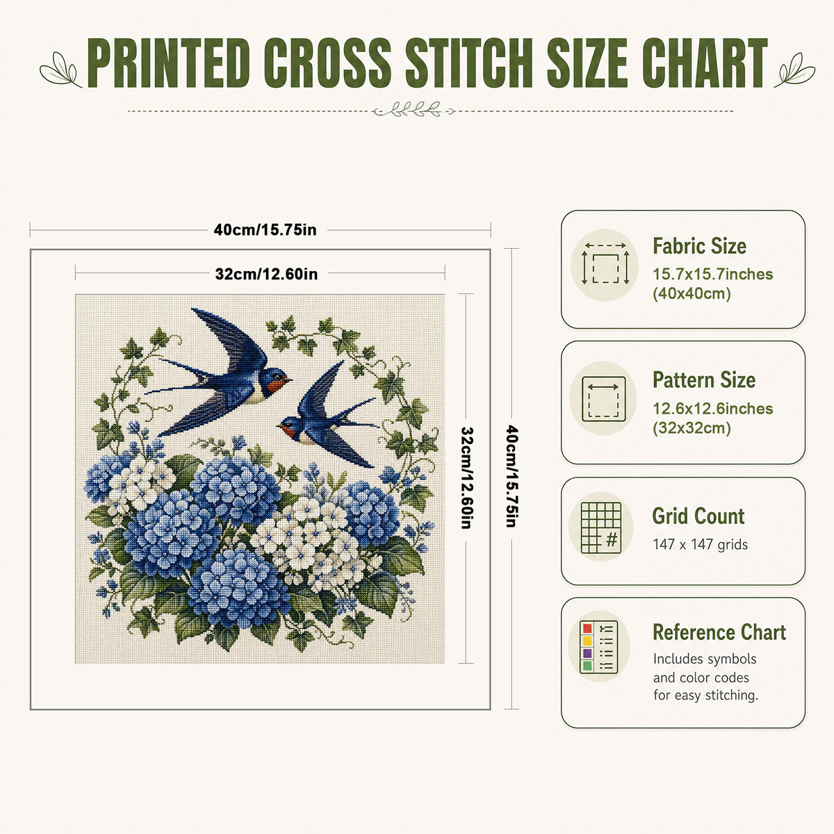 Hydrangea Swallow - Full 11CT Stamped Cross Stitch 40x40CM - Huacan