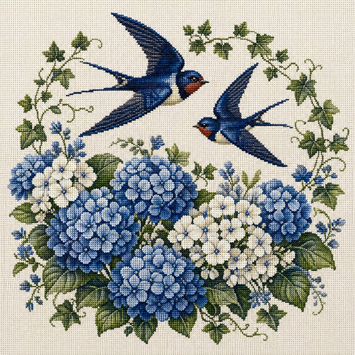 Hydrangea Swallow - Full 11CT Stamped Cross Stitch 40x40CM - Huacan