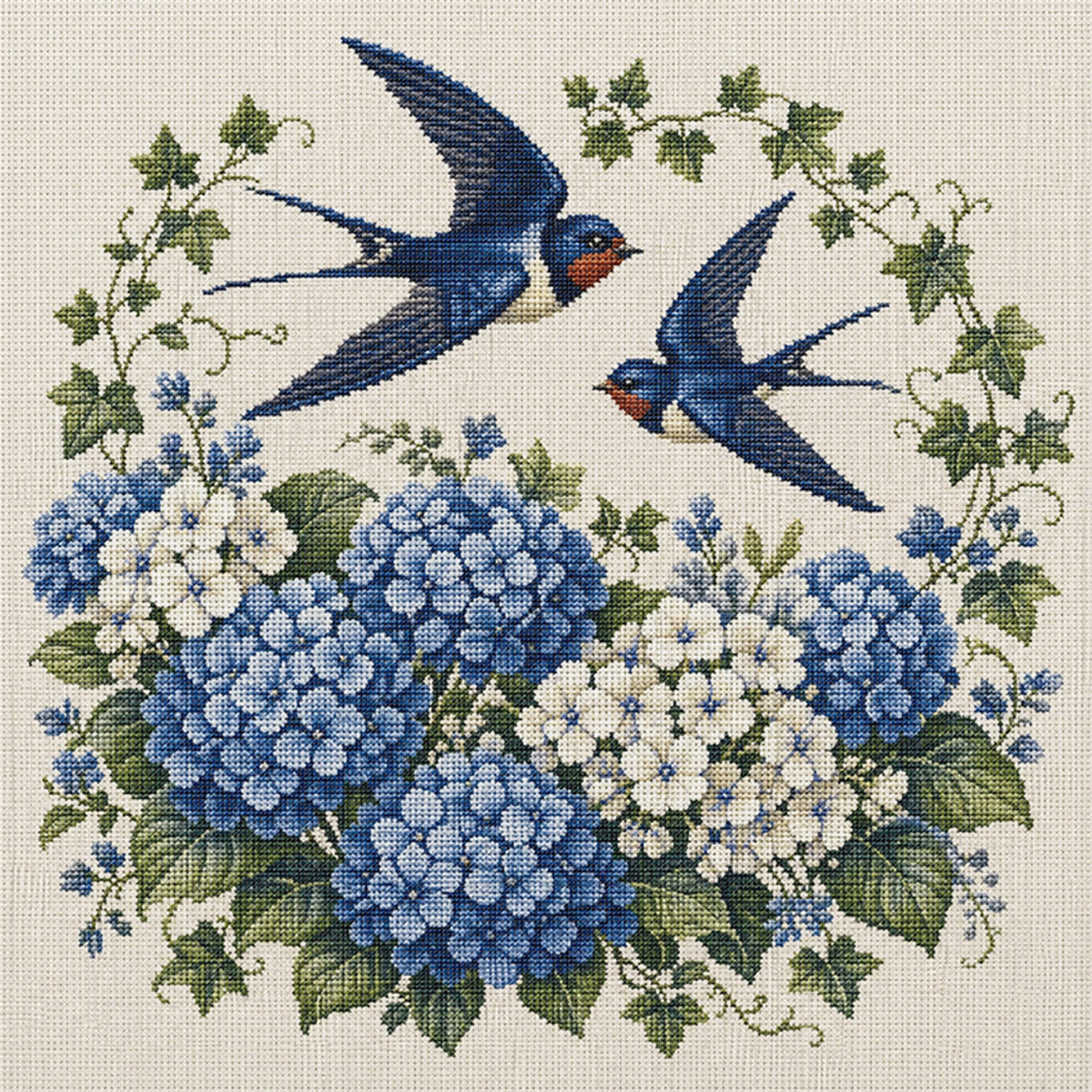 Hydrangea Swallow - Full 11CT Stamped Cross Stitch 40x40CM - Huacan