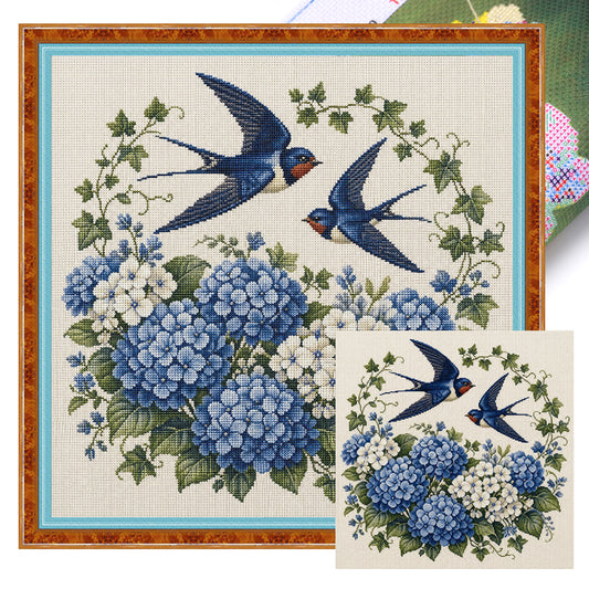 Hortensien-Schwalbe - Vollständiges 11CT Stempel-Kreuzstich-Set 40x40CM - Huacan