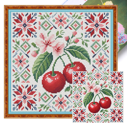Cherry Red - Full 14CT Stamped Cross Stitch 26x26CM - Huacan