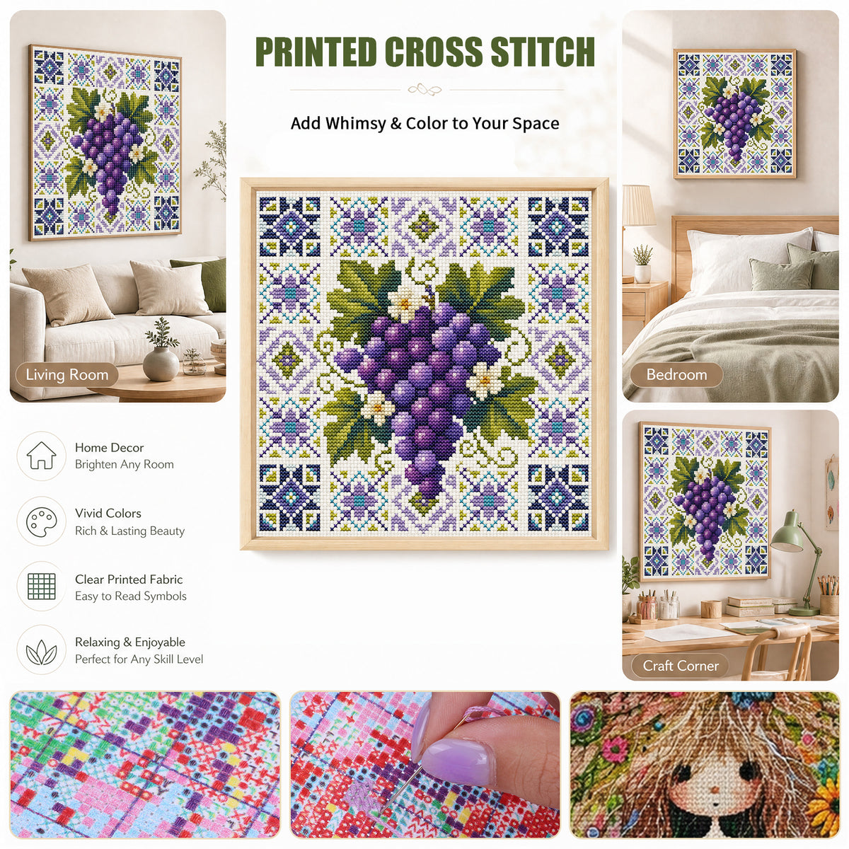 Grape Vine - Full 14CT Stamped Cross Stitch 26x26CM - Huacan