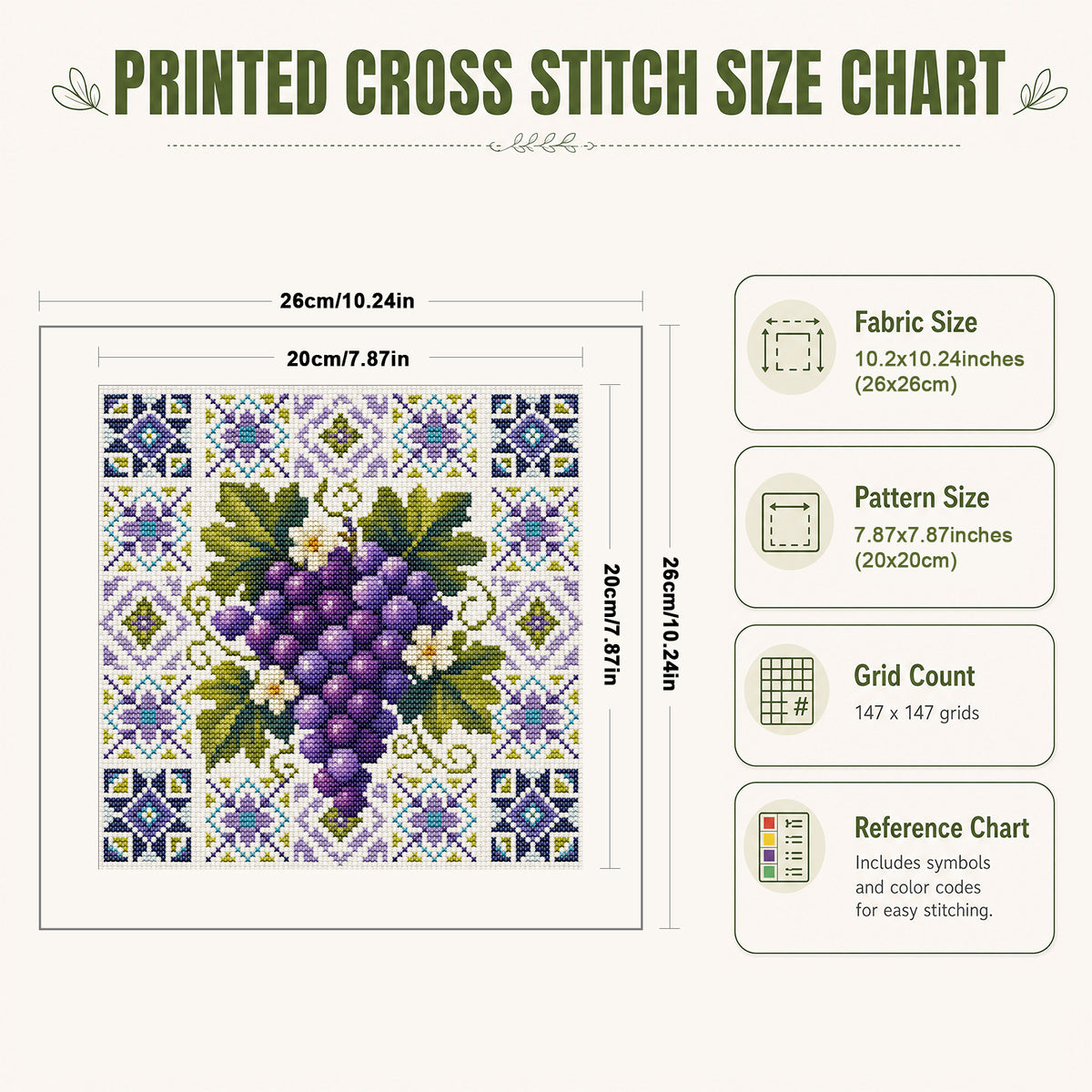 Grape Vine - Full 14CT Stamped Cross Stitch 26x26CM - Huacan