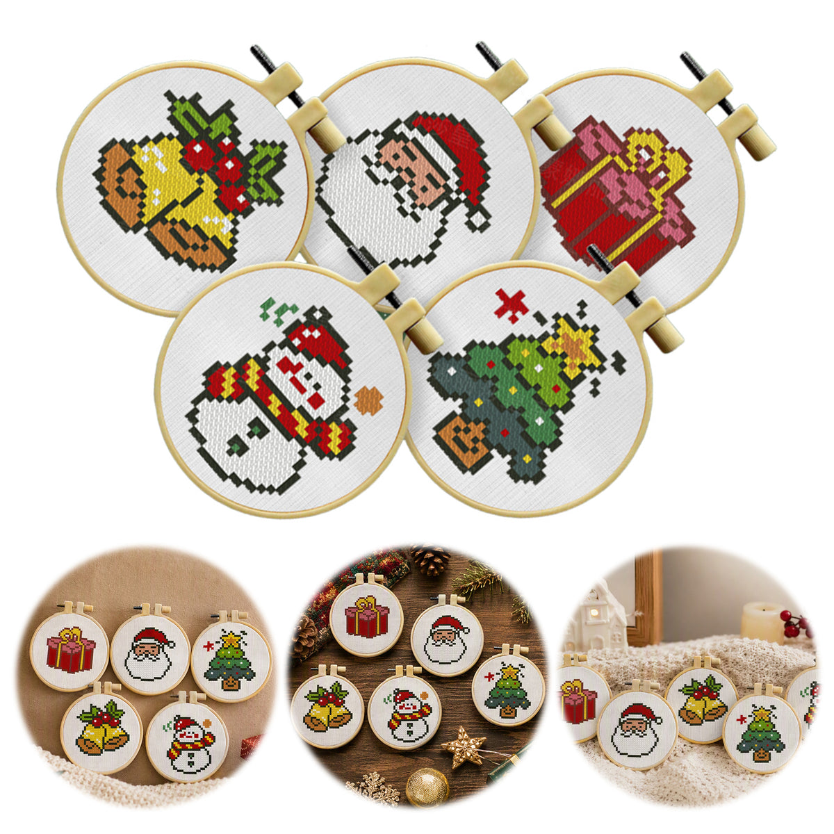 Christmas  Stitch DIY Keychain Kit 11CT 3-Strand Aida Fabric(5 pcs)