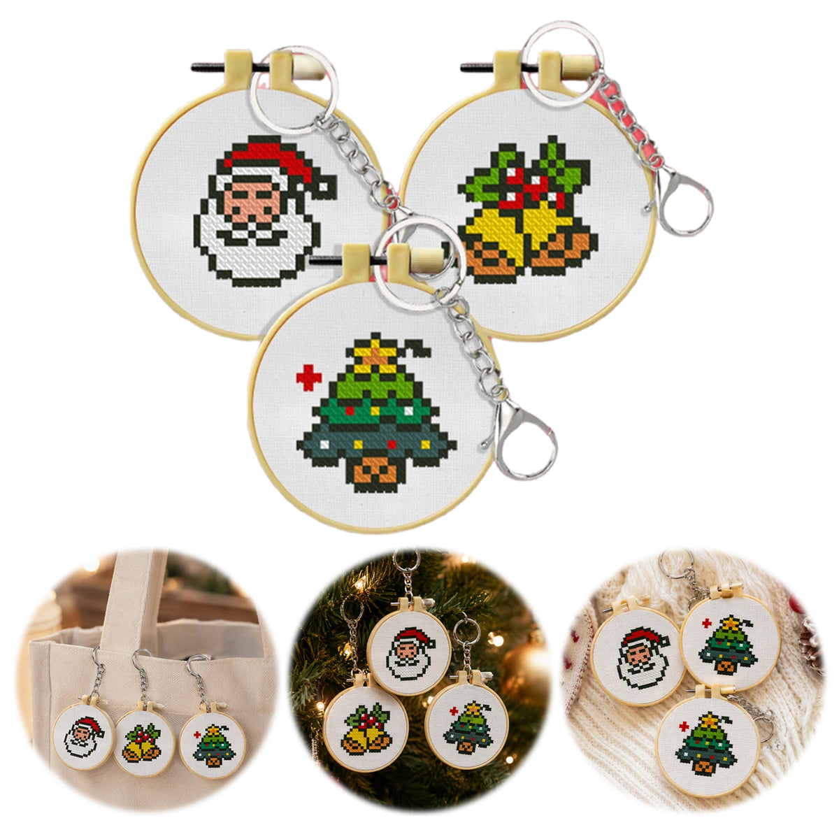 Christmas  Stitch DIY Keychain Kit 11CT 3-Strand Aida Fabric(3pcs)
