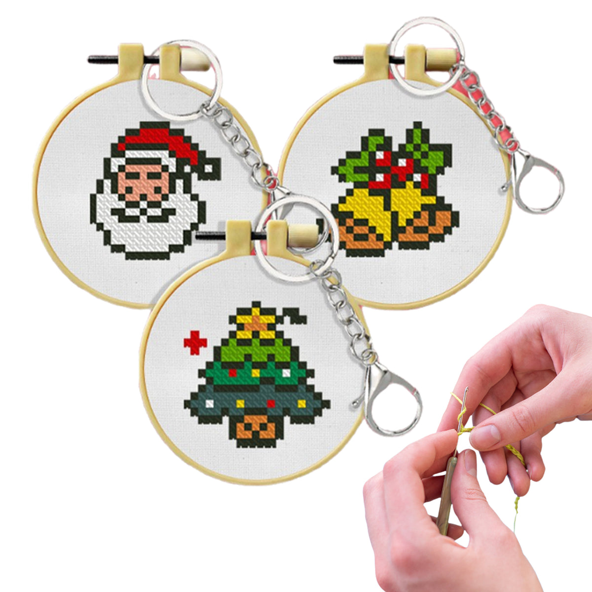 Christmas  Stitch DIY Keychain Kit 11CT 3-Strand Aida Fabric(3pcs)