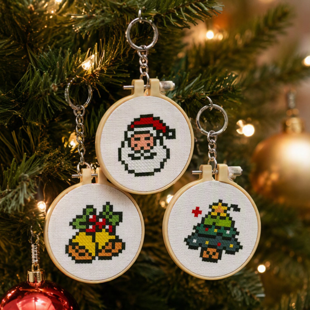 Christmas  Stitch DIY Keychain Kit 11CT 3-Strand Aida Fabric(3pcs)