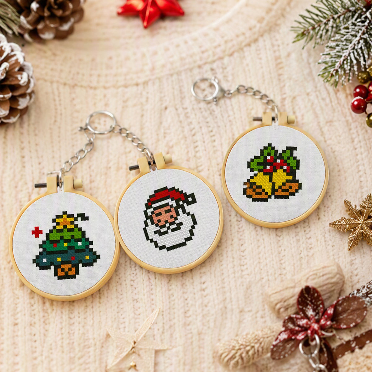 Christmas  Stitch DIY Keychain Kit 11CT 3-Strand Aida Fabric(3pcs)