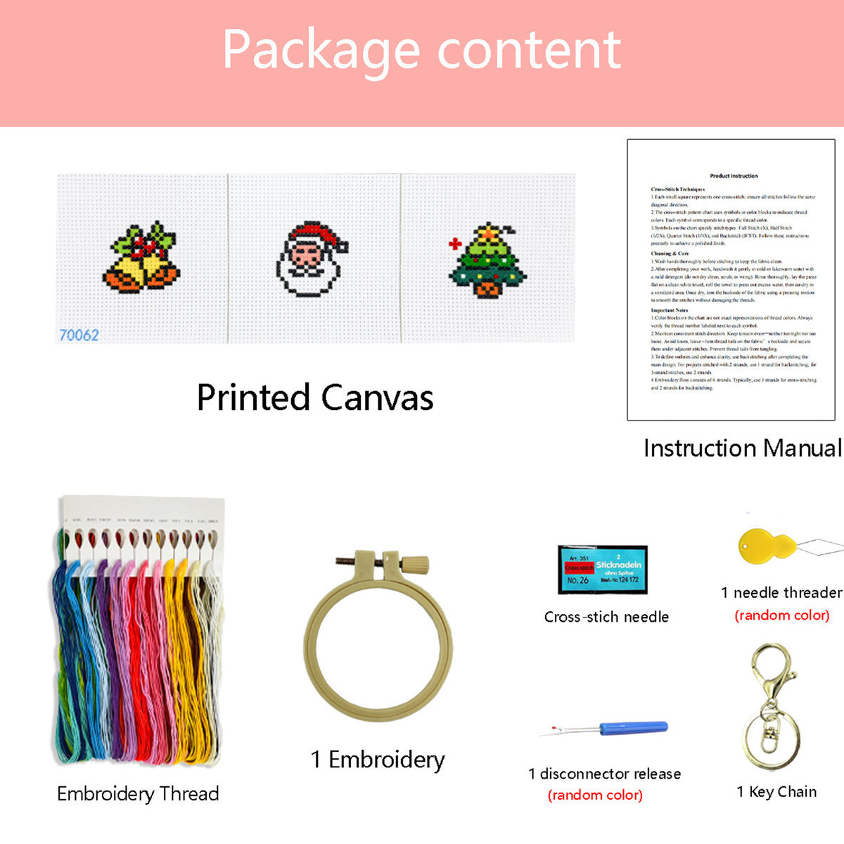 Christmas  Stitch DIY Keychain Kit 11CT 3-Strand Aida Fabric(3pcs)