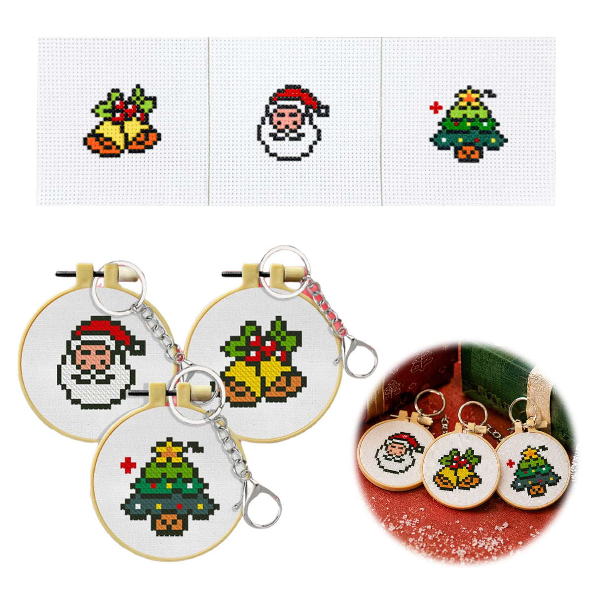 Christmas  Stitch DIY Keychain Kit 11CT 3-Strand Aida Fabric(3pcs)