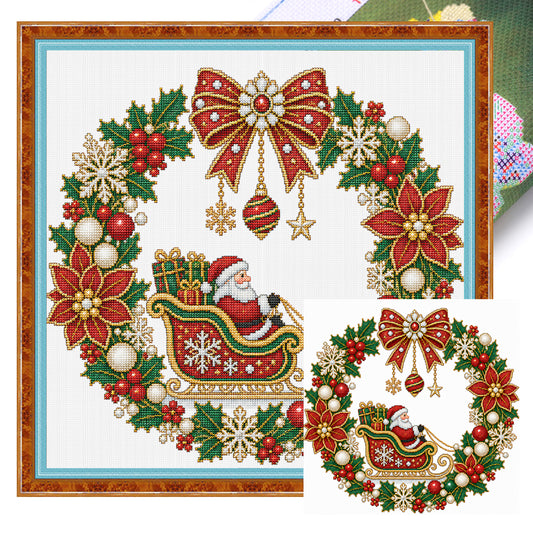 Santa Sleigh - Full 14CT Stamped Cross Stitch 40x40CM - Huacan
