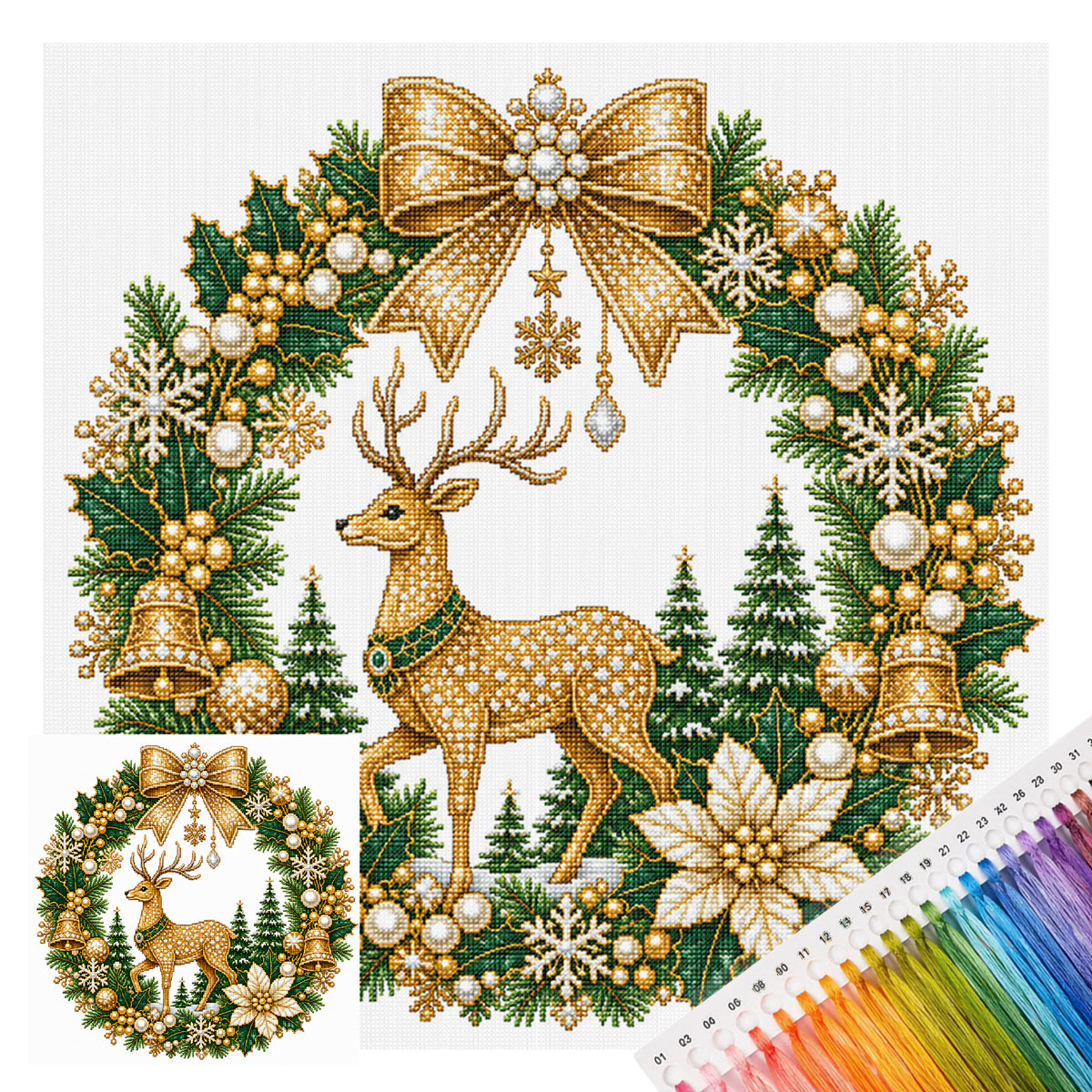 Golden Reindeer - Full 14CT Stamped Cross Stitch 40x40CM - Huacan