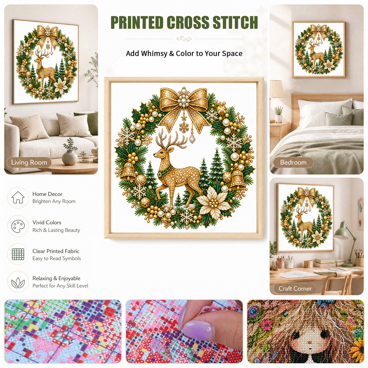 Golden Reindeer - Full 14CT Stamped Cross Stitch 40x40CM - Huacan