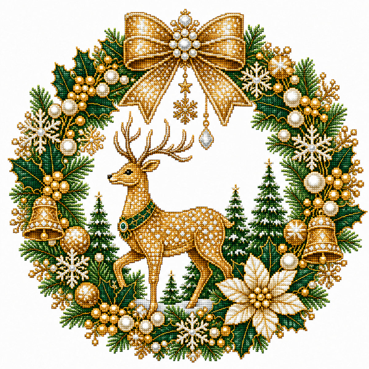 Golden Reindeer - Full 14CT Stamped Cross Stitch 40x40CM - Huacan